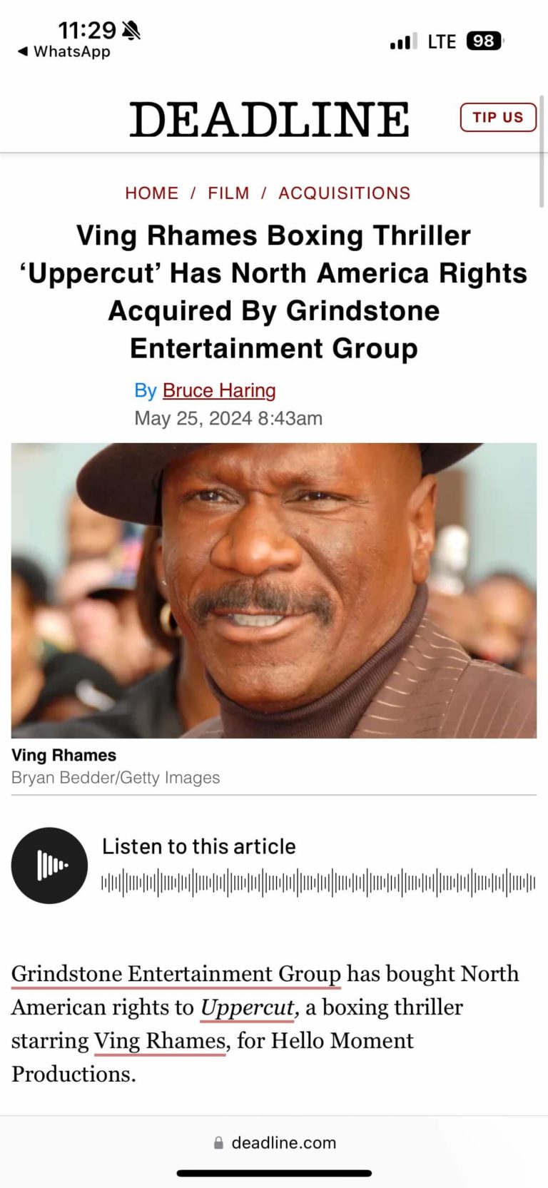 Screenshot of UPPERCUT MOVIE featured on Deadline, showcasing news and insights about the film