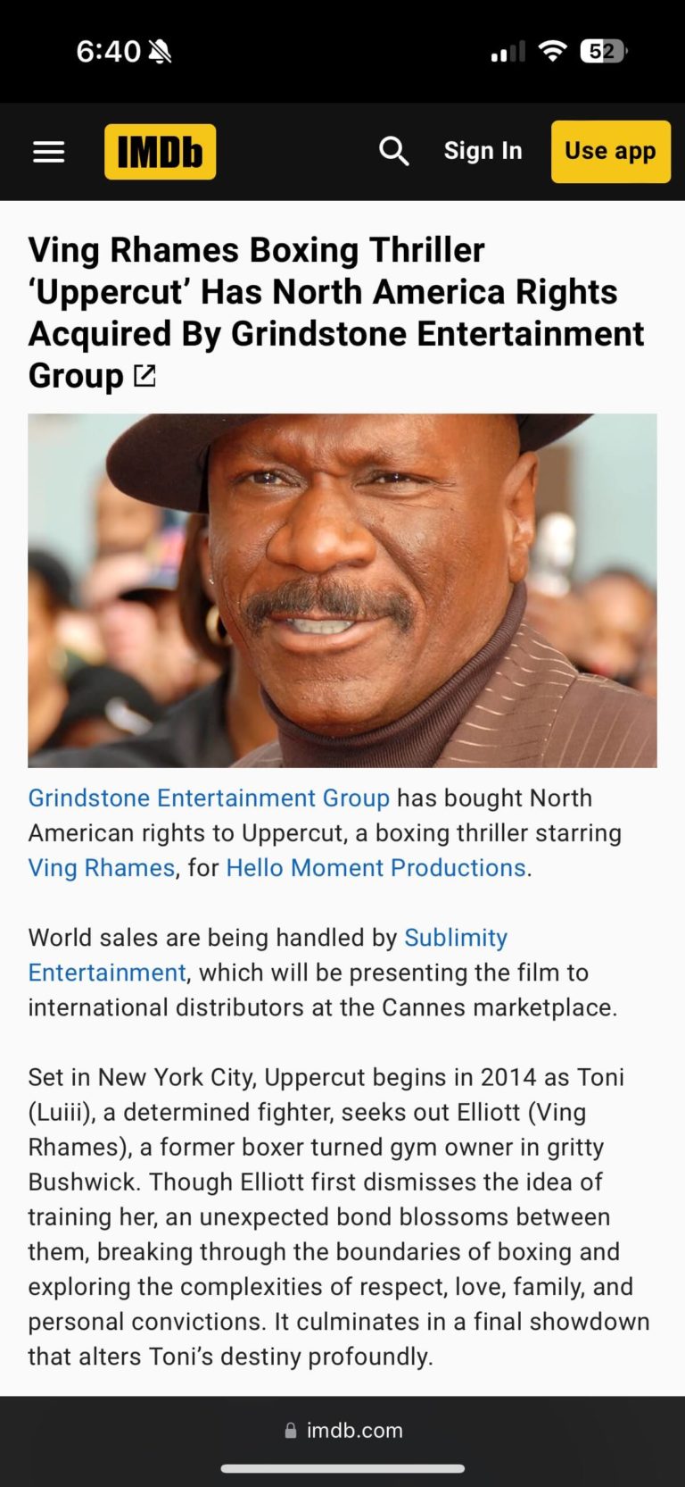 Screenshot of UPPERCUT MOVIE featured on IMDb, providing key information and ratings for the film