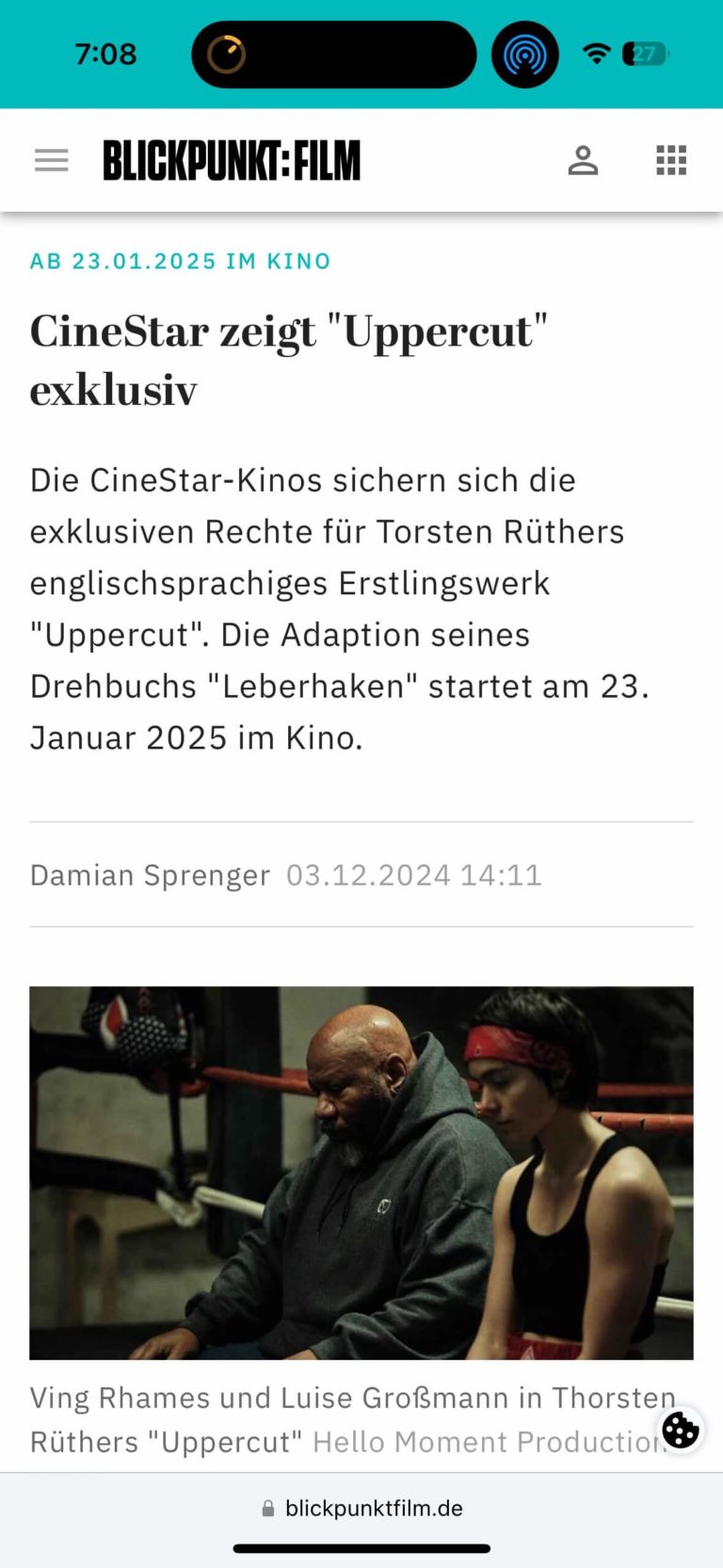 Screenshot of UPPERCUT MOVIE featured in the film magazine Blickpunkt:Film, showcasing the latest updates on the film