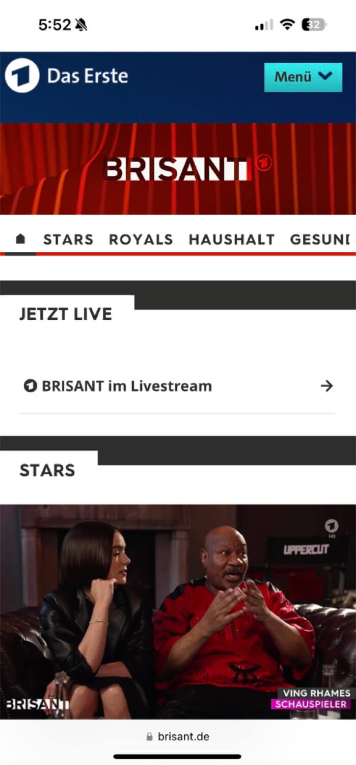 Screenshot of a positive review for UPPERCUT MOVIE in ARD Brisant