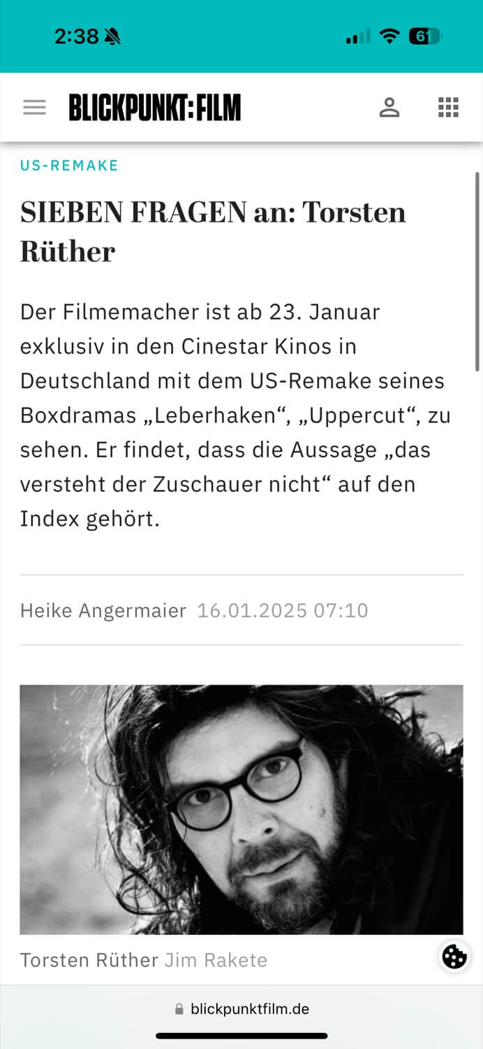 Screenshot of a positive review for UPPERCUT MOVIE in Blickpunkt Film