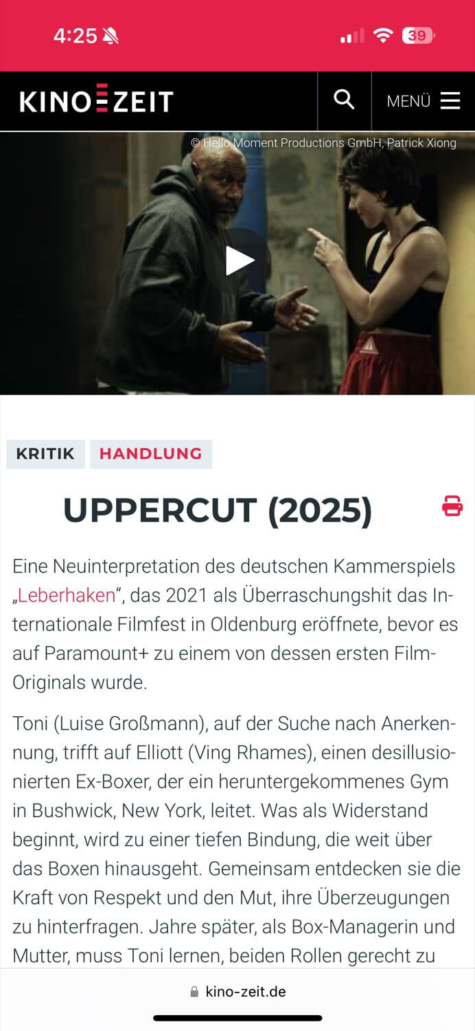 Screenshot of a positive review for UPPERCUT MOVIE in Kinozeit