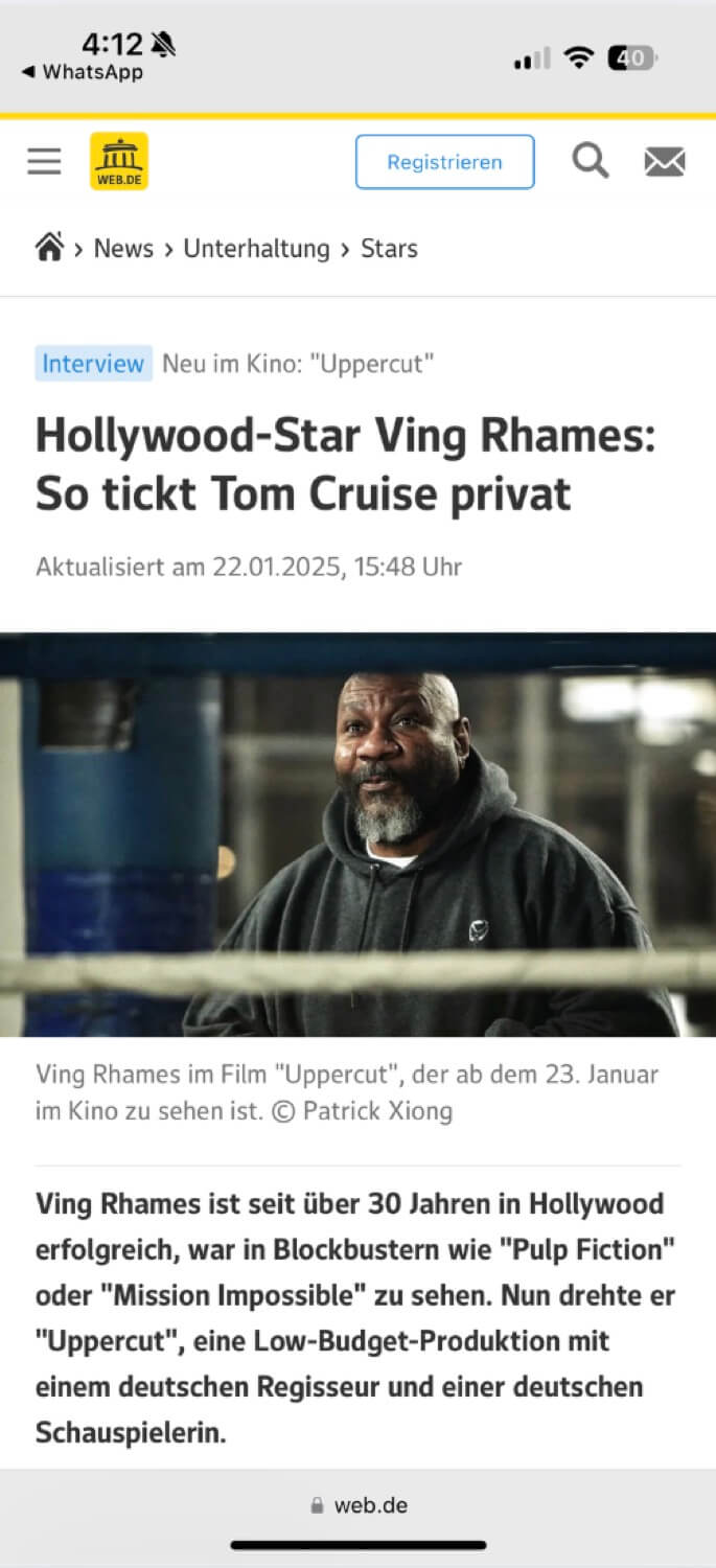 Screenshot of a positive review for UPPERCUT MOVIE in web.de